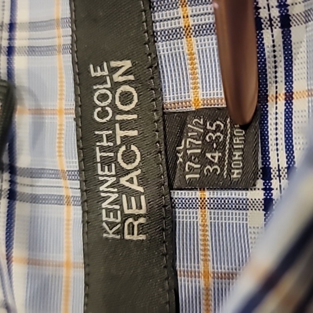 Kenneth Cole Reaction Plaid Button Down Shirt Blue 17-17.5 - Picture 7 of 10
